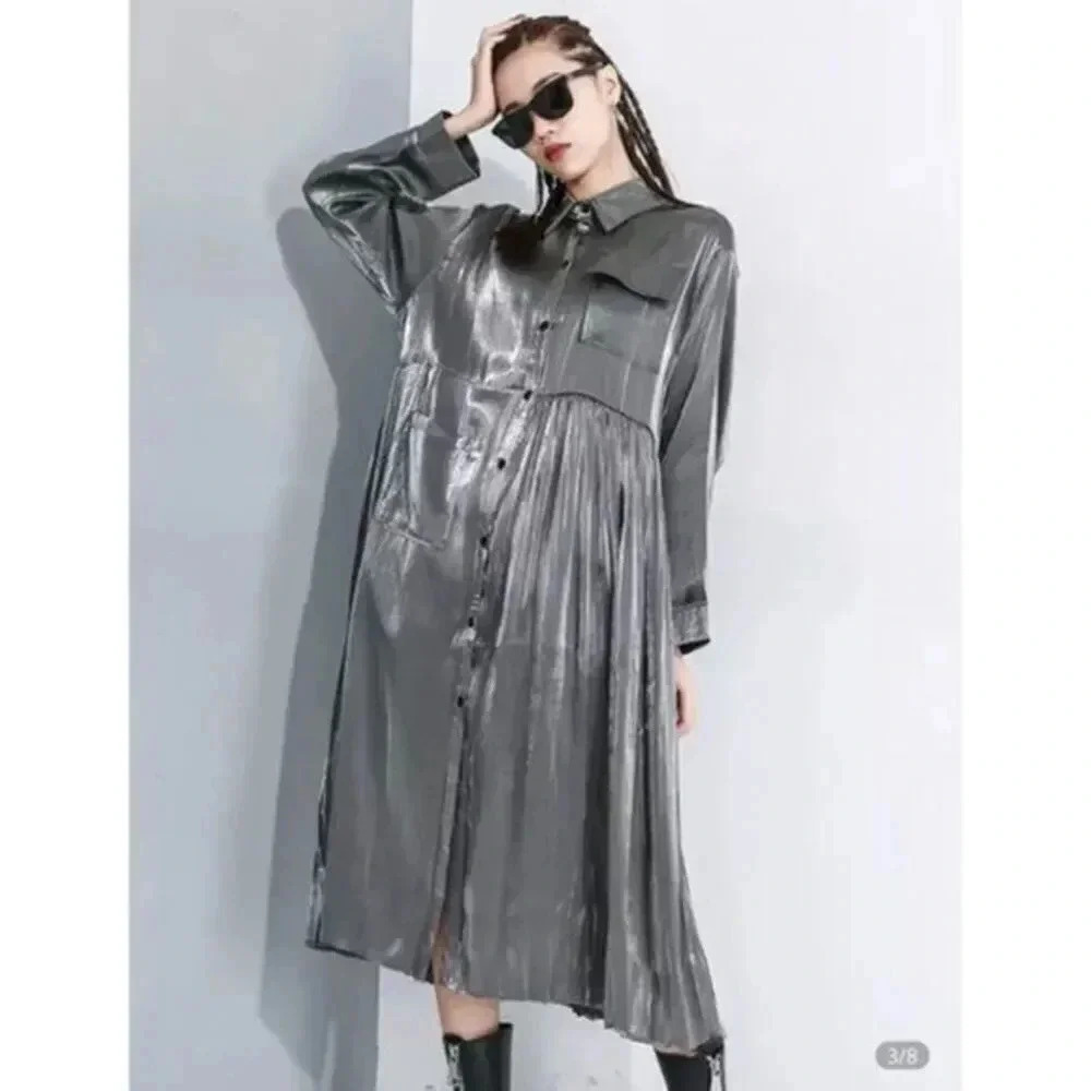 Black Pleated SplitDress New Lapel Long Sleeve Loose Fit Fashion Tide Spring